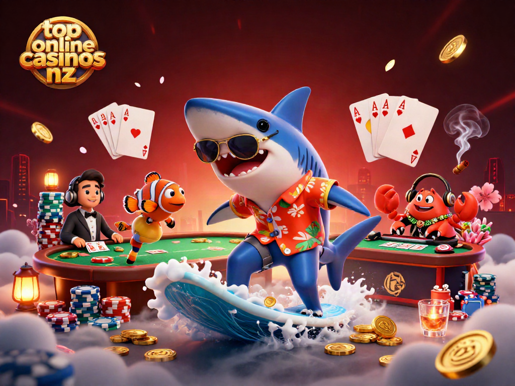 Experience the thrill of top online casinos nz with a vibrant 3D scene featuring casino elements and energetic characters.