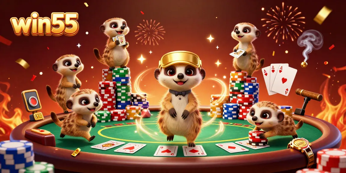 Engage with win55's vibrant casino scene featuring meerkats running a poker operation, showcasing excitement and strategy.