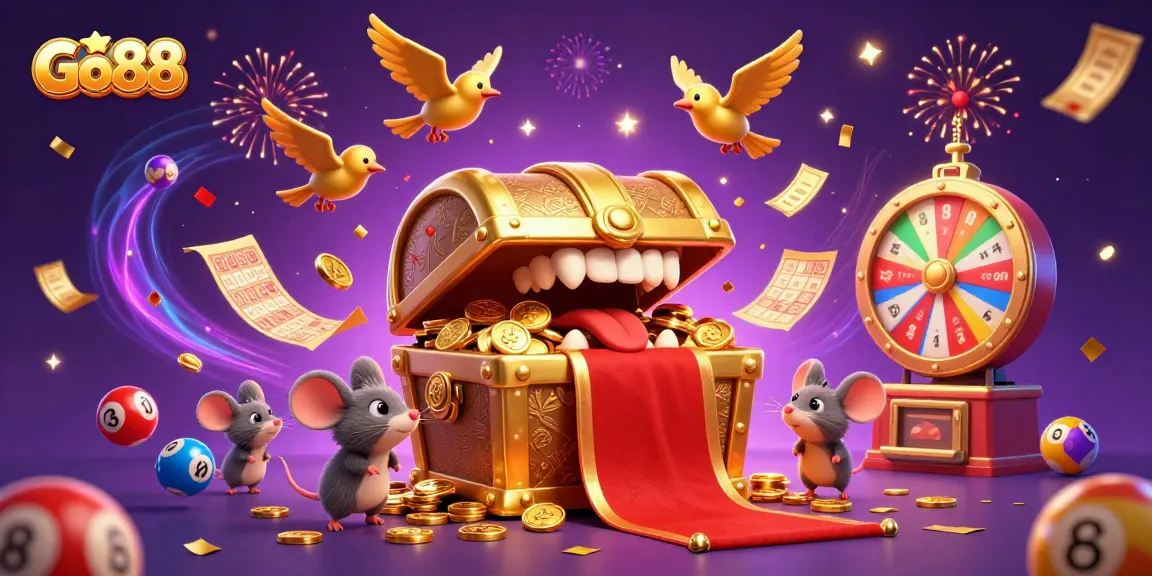 Go88 offers an exciting gambling experience with vibrant game elements and a treasure chest theme.