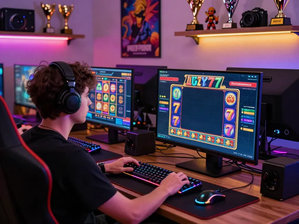 Engaging scene of a gamer playing Lucky777 slots on a high-tech setup.