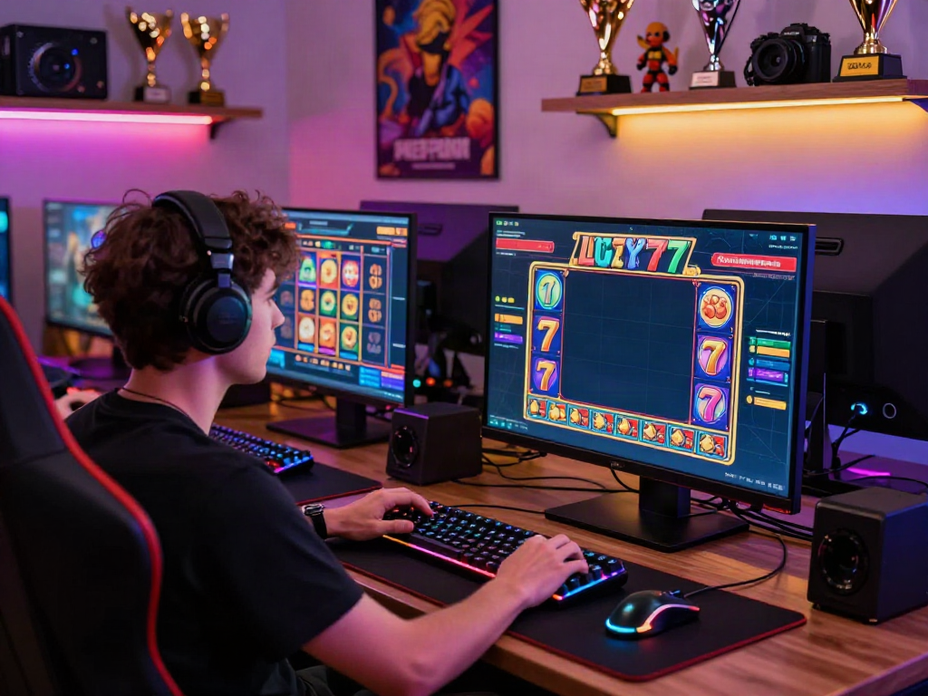 Engaging scene of a gamer playing Lucky777 slots on a high-tech setup.