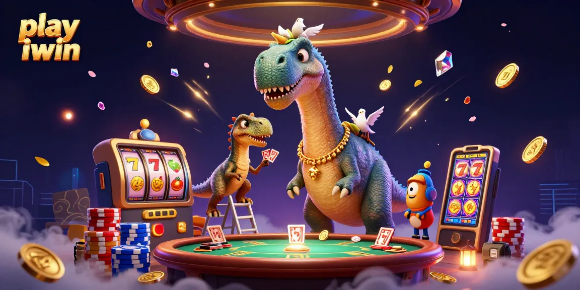 Play iwin with a cartoon dinosaur overseeing exciting slot games and vibrant poker action.