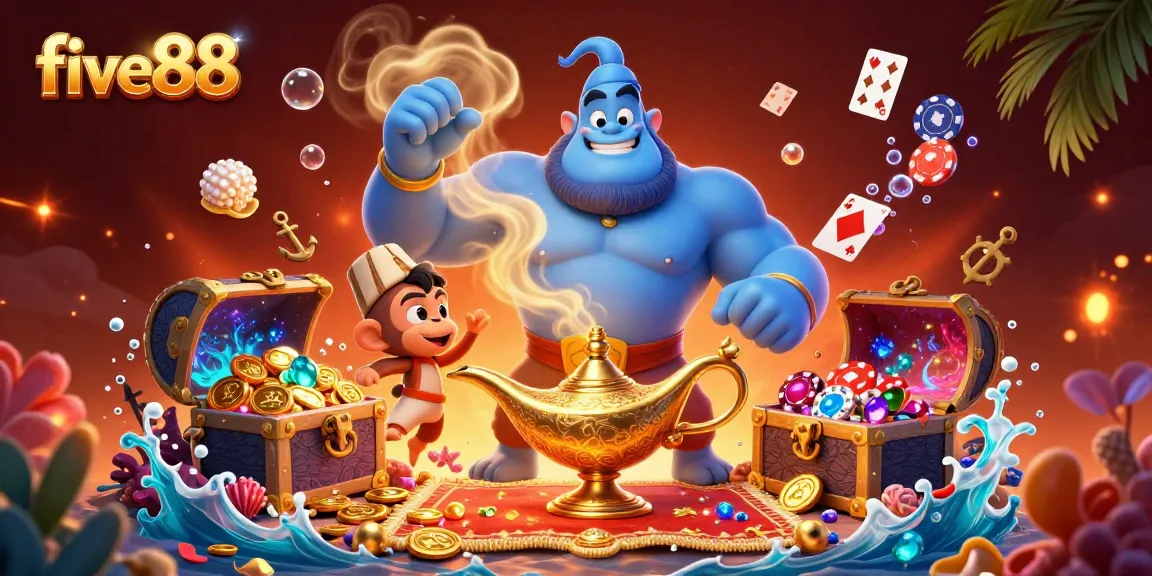 Experience the excitement of five88 with a vibrant depiction of a genie, monkey, and magic carpet amid dynamic casino elements.