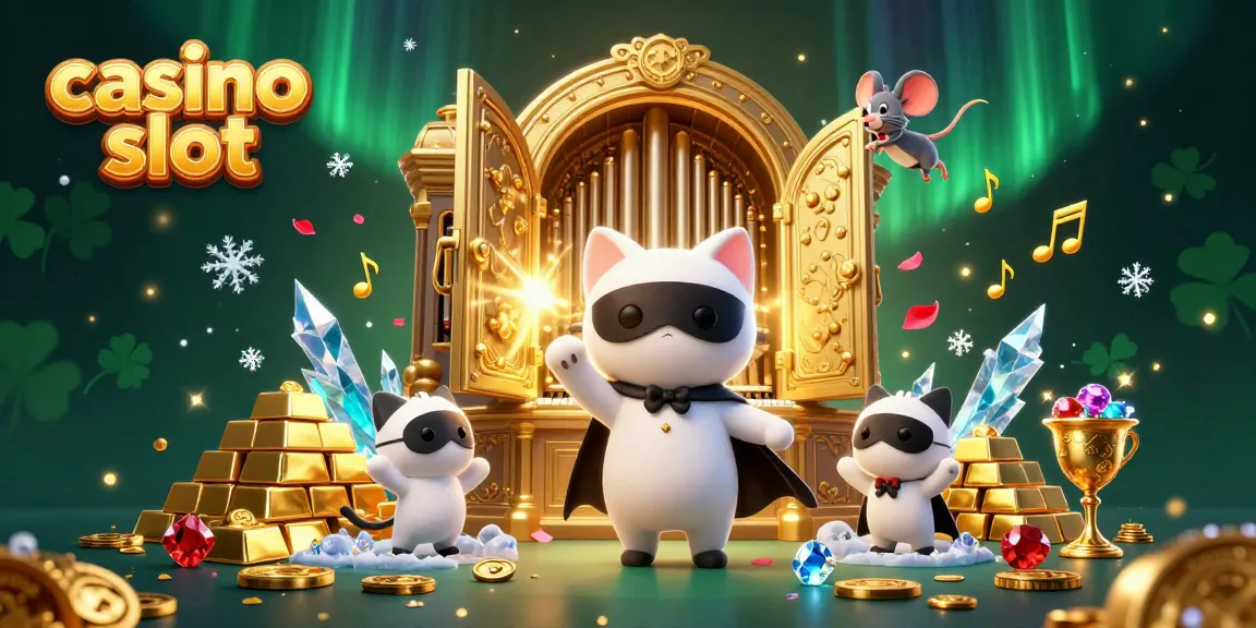 Experience thrilling casino slot action in a vibrant illustration with a phantom cat and gleaming treasures.
