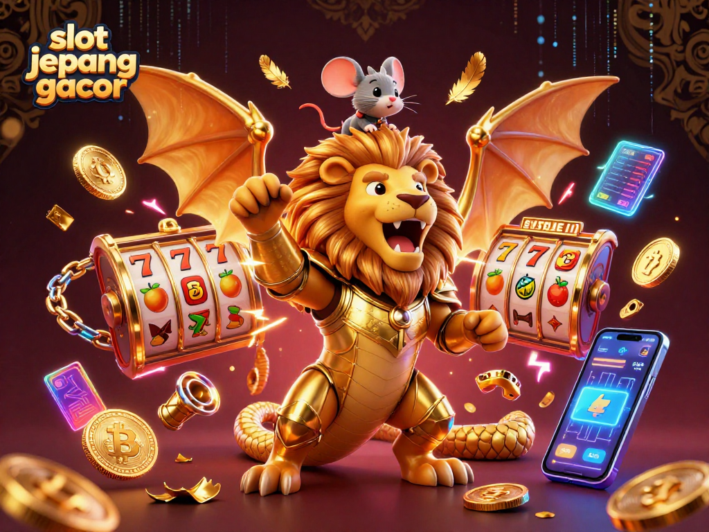 Experience the thrill of slot jepang gacor with a captivating 3D scene featuring a golden chimera and vibrant gaming elements.