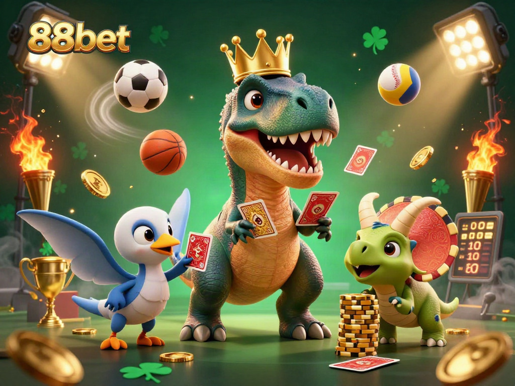 Engage in thrilling action at 88bet, showcasing a vibrant 3D cartoon T-Rex shuffling cards with a charming triceratops.