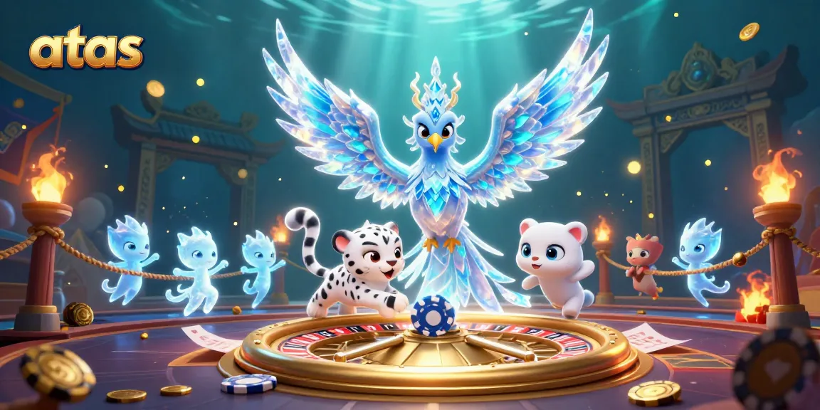 Experience the thrill of atas gaming with a cartoon ice phoenix and poker-themed elements in a vibrant casino setting.