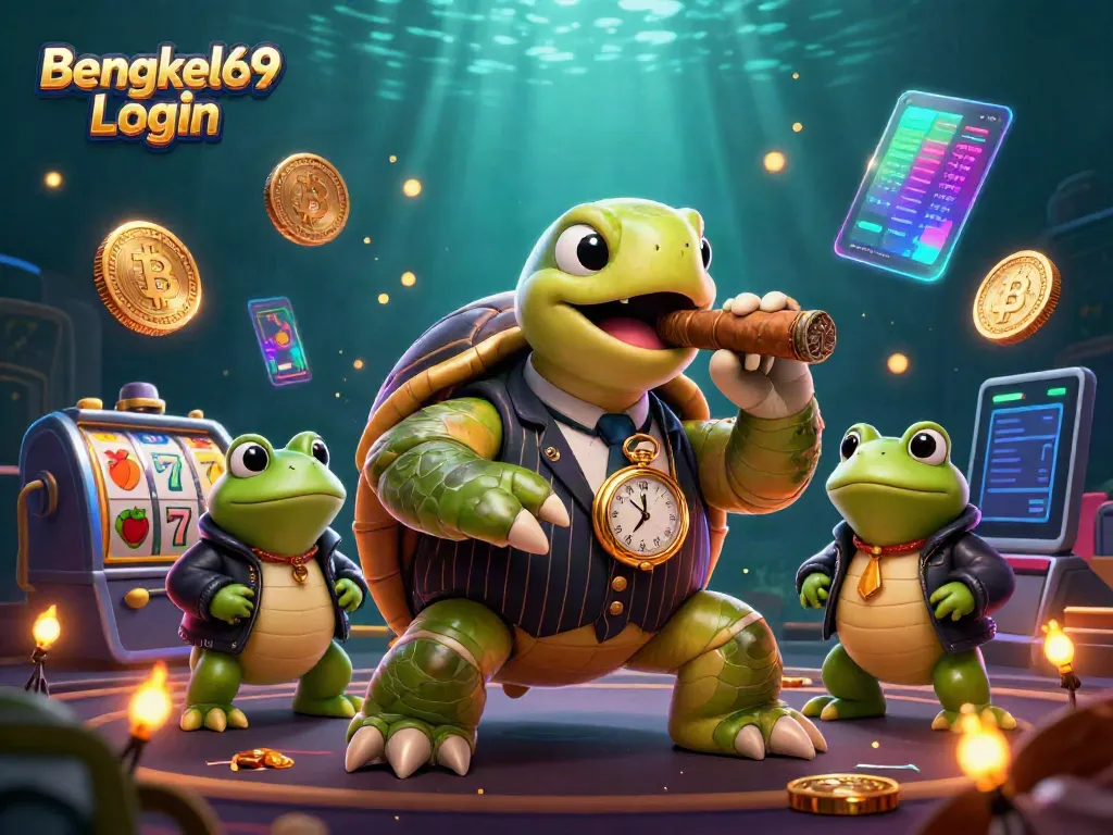 Engage in the thrill of gambling with Bengkel69 Login surrounded by vibrant slot reels and crypto elements.