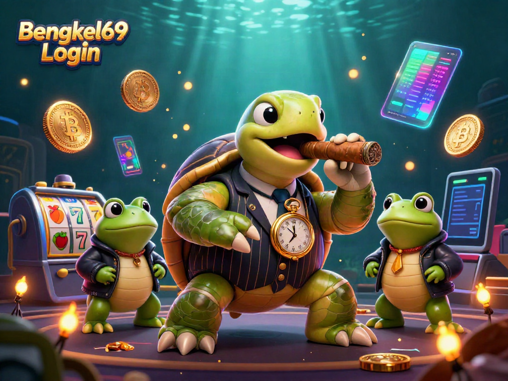 Engage in the thrill of gambling with Bengkel69 Login surrounded by vibrant slot reels and crypto elements.