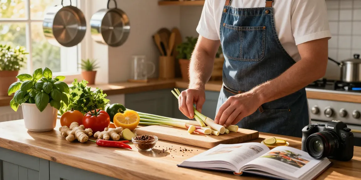 เว็บสล็อต แท้ 100 เปอร์เซ็นต์ in a vibrant kitchen scene showcasing fresh ginger and lemongrass preparation.