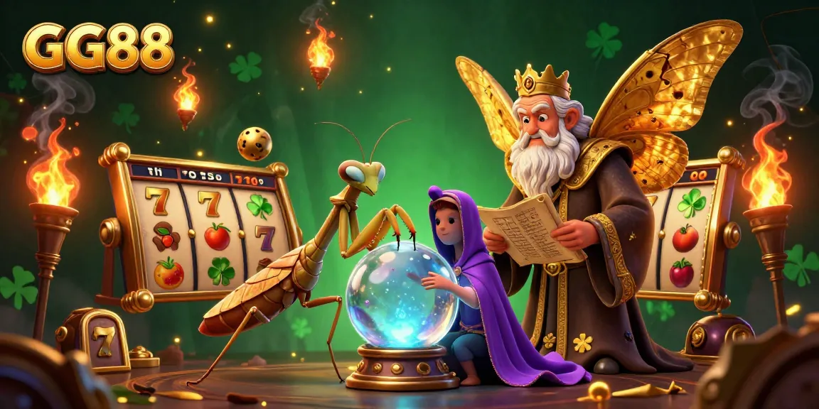 GG88 players experiencing luck with a 3D cartoon fortune teller and lively slot game elements.