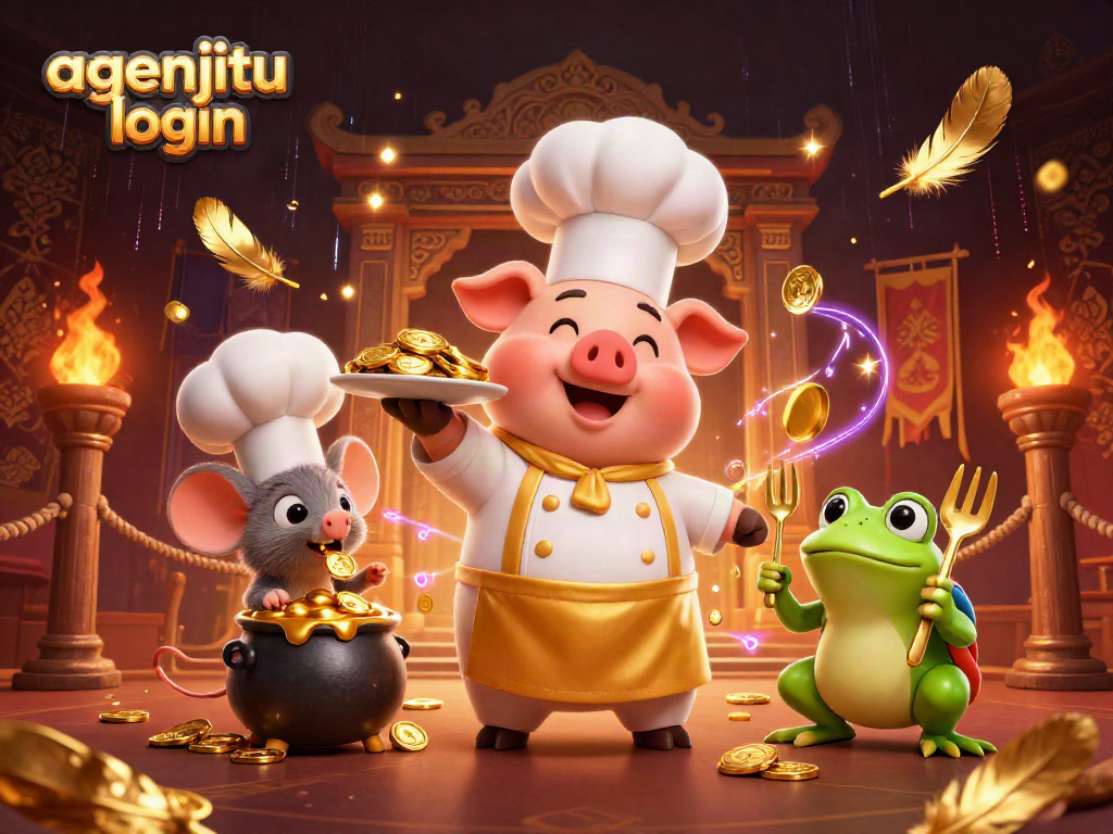 Ilustrasi 3D dengan agenjitu login, chef babi menyajikan koin emas dalam suasana kasino yang meriah.
