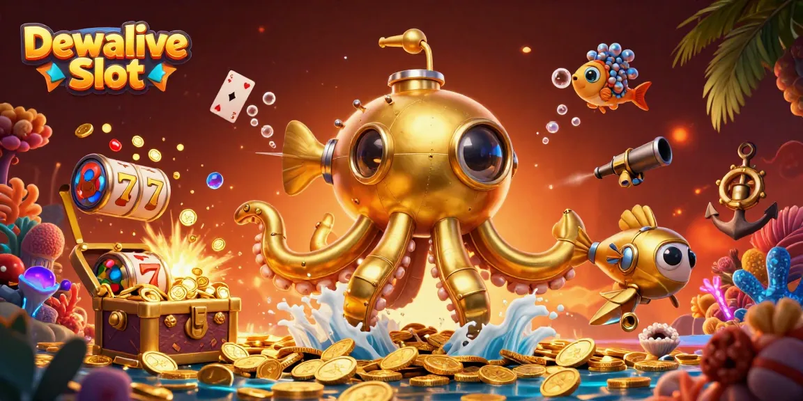 Dewalive Slot showcases a vibrant 3D illustration featuring a golden kraken submarine in a sea of coins, highlighting exciting game elements.