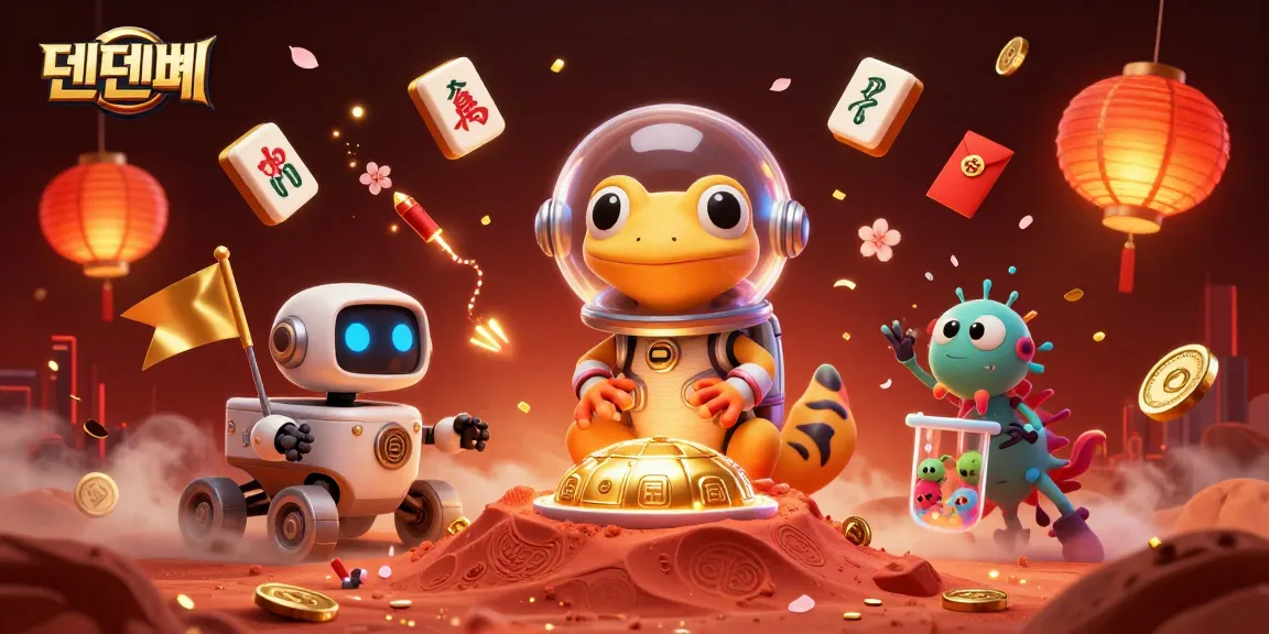 Engaging illustration showcasing 텐텐벳 with a cartoon gecko exploring a golden casino on Mars.