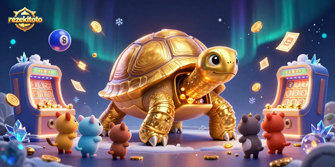Engage in thrilling lottery action at rezekitoto with a vibrant 3D illustration of a golden tortoise lottery machine.