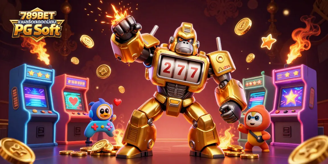 ภาพประกอบ 789BETเกมสล็อตยอดนิยม PG Soft แสดงหุ่นยนต์กอริลลาทองคำที่มีคุณลักษณะคาสิโน