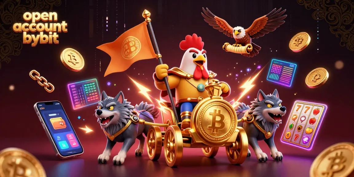 Open account bybit with a dynamic scene featuring cryptocurrency elements and a cartoon rooster warlord.