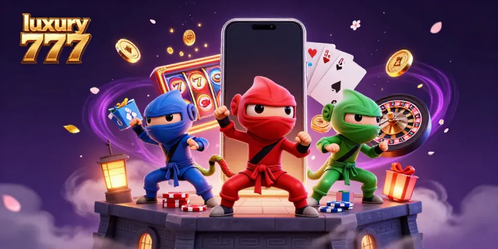 Witness the excitement of luxury 777 with ninja chameleons synchronized in a dynamic casino scene.