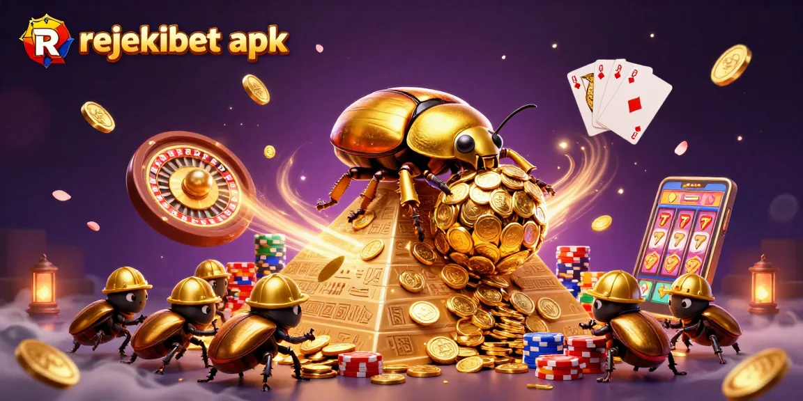 Experience winning big with rejekibet apk, featuring golden beetles and casino symbols in a vibrant scene.