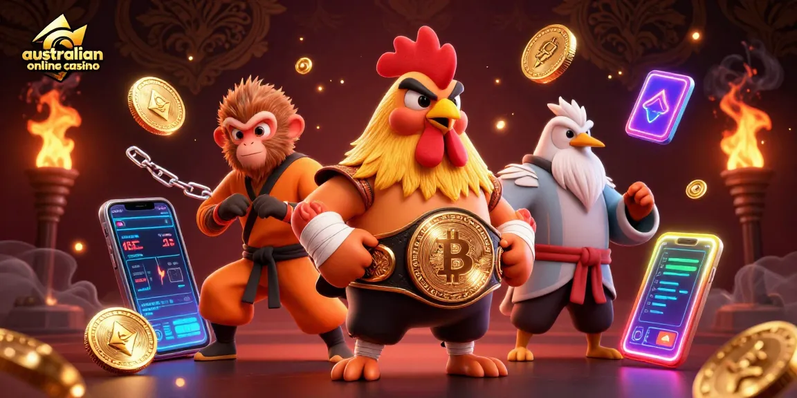 A dynamic scene showcasing the vibrant atmosphere of an australian online casino with unique characters and crypto elements.