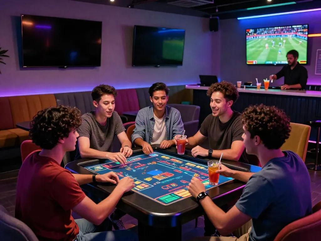 Excited group enjoying unsurtoto games at a modern gaming lounge.