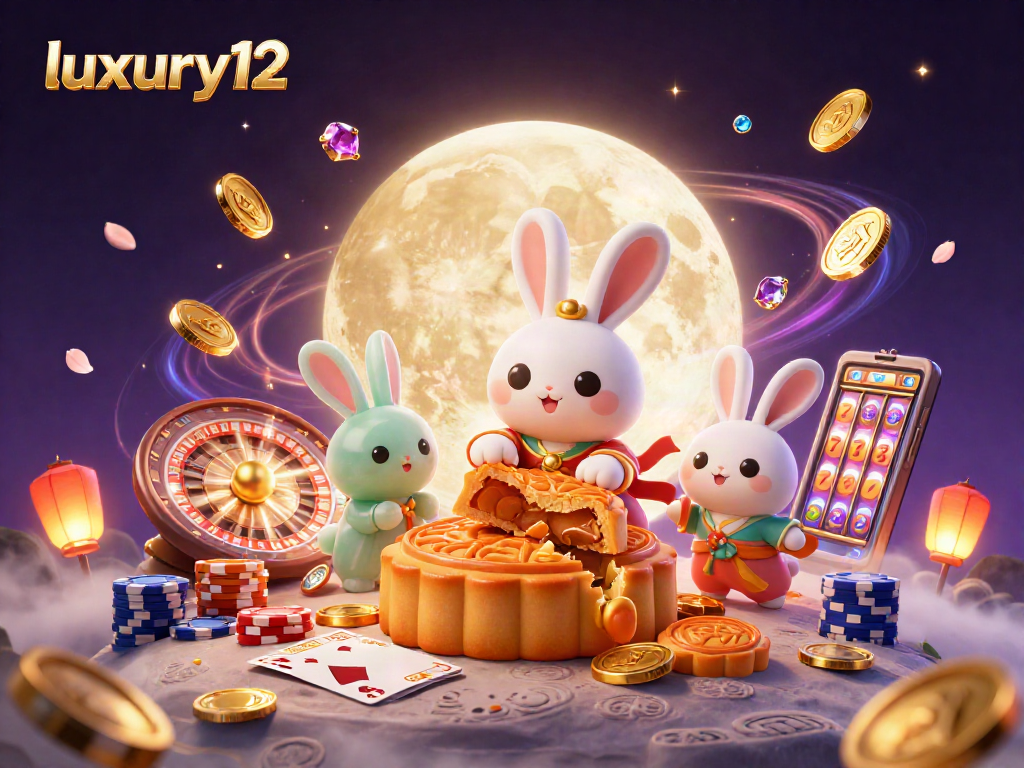 Experience luxury12 with animated moon rabbit pounding mooncakes revealing poker chips in a vibrant casino scene.