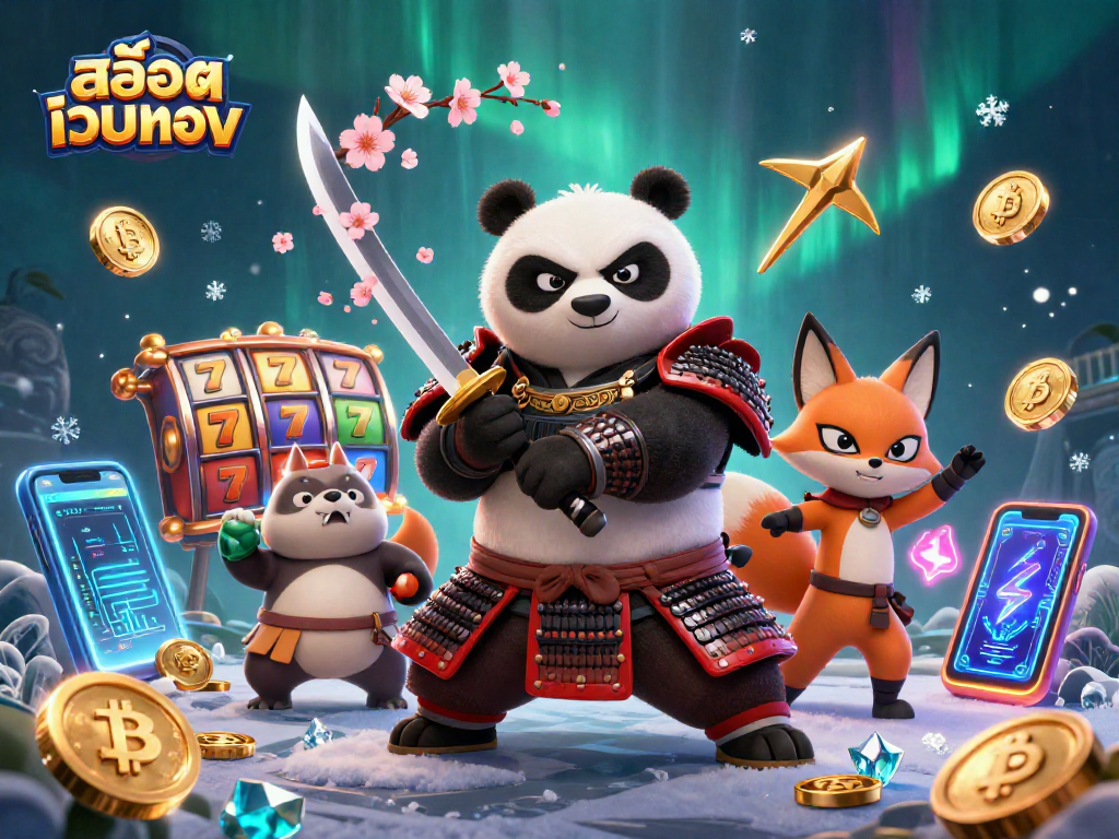 Engage in thrilling gameplay at สล็อตเว็บตรง, showcasing a colorful 3D scene with slot reels and charismatic characters.