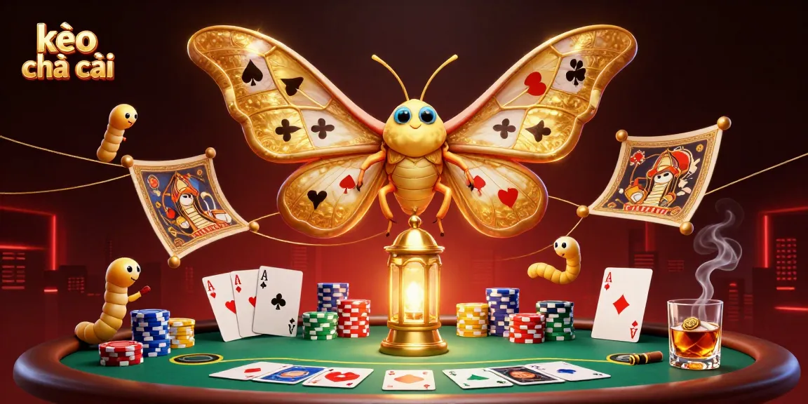 Experience the excitement of kèo nhà cái with this vibrant, interactive poker scene illustration featuring golden moths.