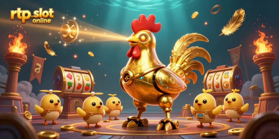 Experience high-stakes action with the rtp slot online themed illustration featuring a golden rooster robot and gaming elements.