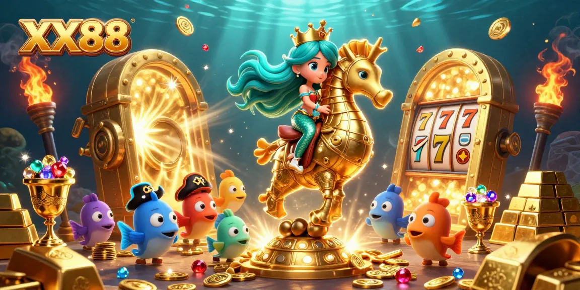 Engage with the thrilling adventure at XX88 as the mermaid princess rides a seahorse amidst a treasure-filled underwater casino.