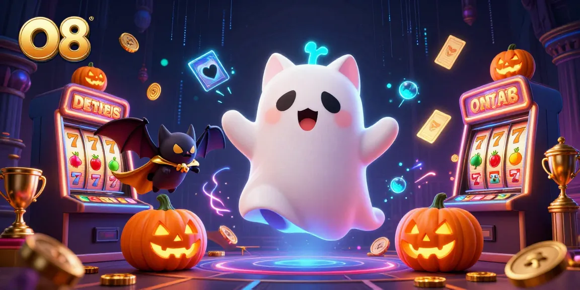 Engage with the O8 casino experience featuring a playful ghost cat, lucky symbols, and dynamic gaming elements.