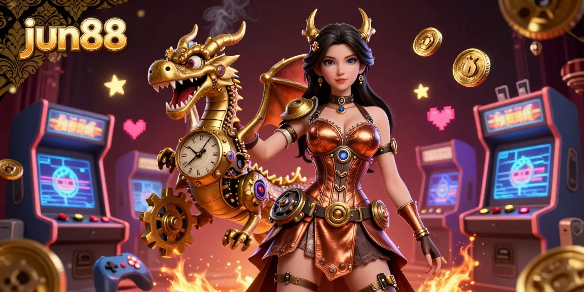Experience thrilling gaming with jun88 in an interactive 3D casino scene filled with arcade games and vibrant details.