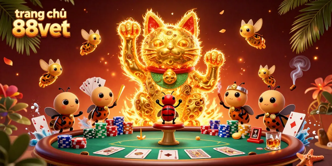 Experience the excitement of the trang chủ 88vbet as a golden lucky cat waves amidst vibrant casino symbols.