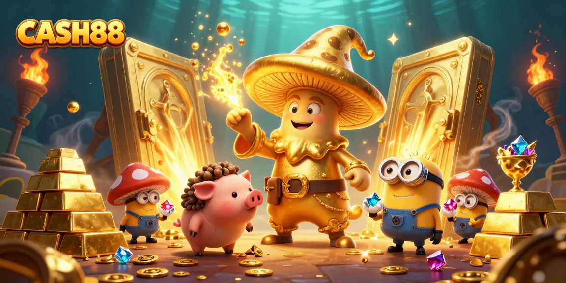 CASH88 slots excitement, featuring golden treasures and magical elements in an engaging 3D scene.