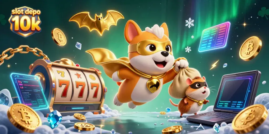 Mainkan slot depo 10k dalam ilustrasi 3D dengan superhero anjing yang mengantongi koin emas dan pendamping hamster.
