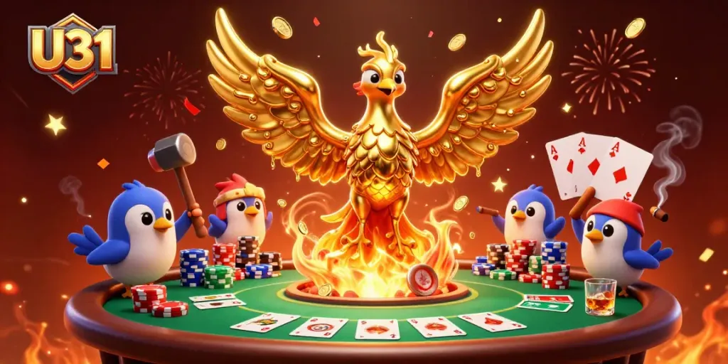Experience thrilling gameplay with U31 as molten gold phoenix transcends to victory at a vibrant poker scene.