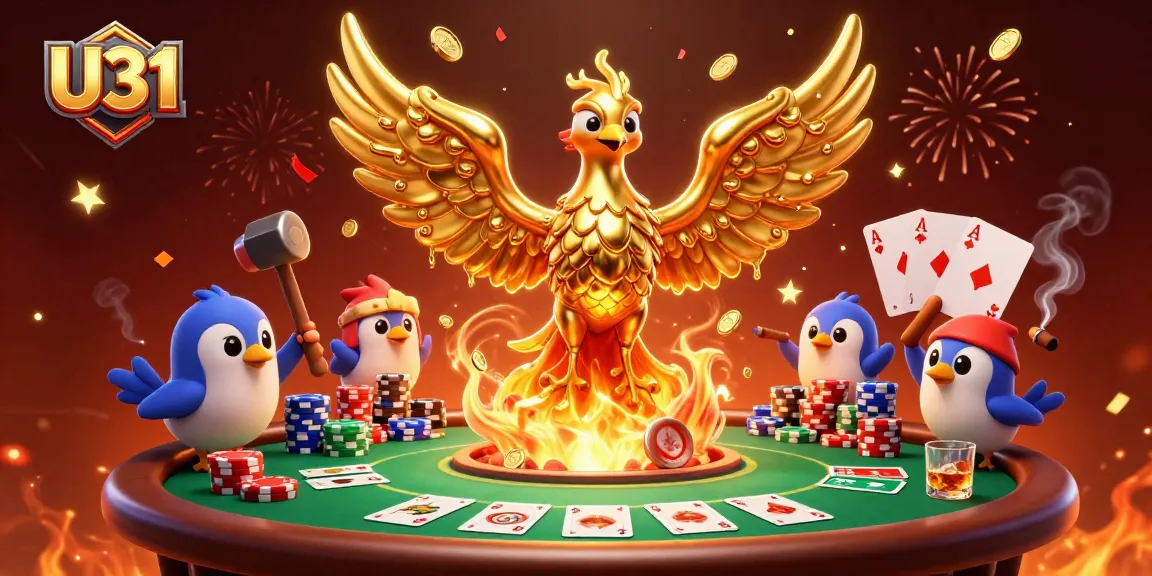 Experience thrilling gameplay with U31 as molten gold phoenix transcends to victory at a vibrant poker scene.