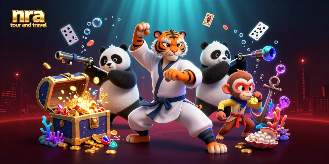 Engage with nra tour and travel's 3D cartoon scene showcasing a kung fu master and vibrant casino elements.