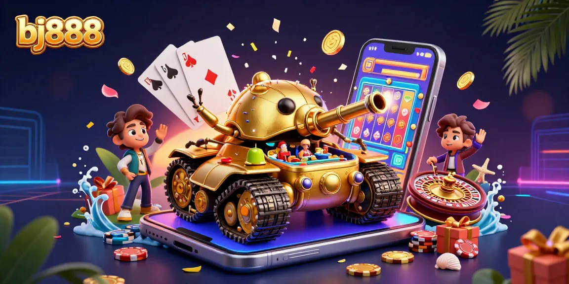 Experience the excitement of bj888 with a vibrant 3D casino scene filled with colorful games and dynamic action.