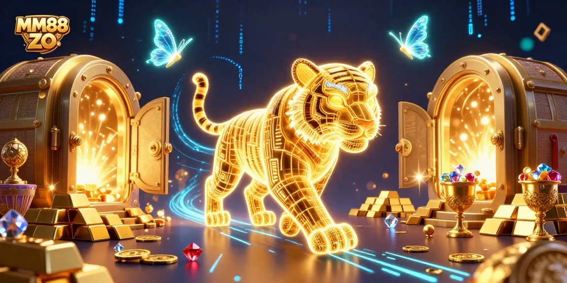 Experience the thrill of MM88 ZO in a digital casino, with a glowing tiger and treasure.