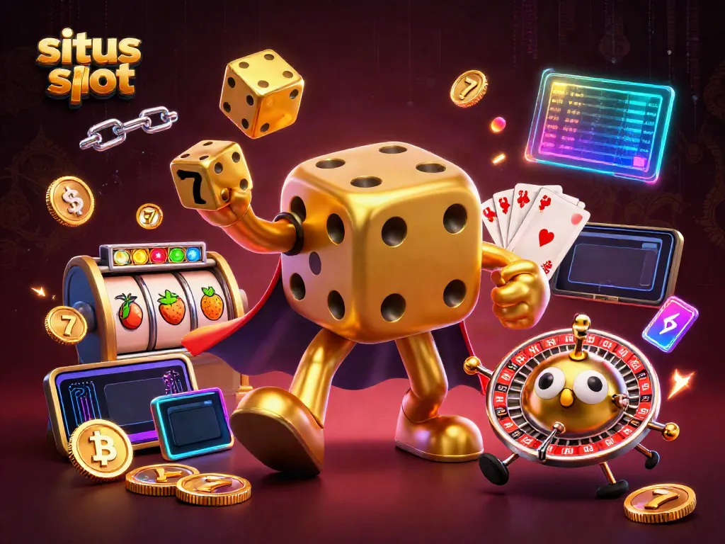 Engage in thrilling situs slot gameplay with 3D golden dice and dynamic casino elements.
