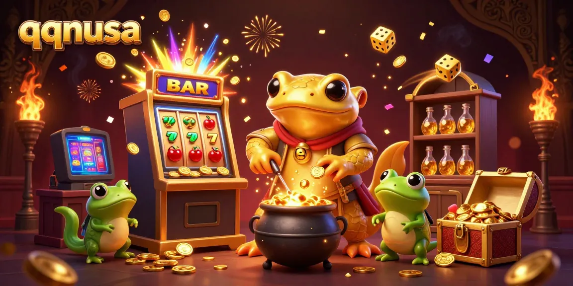 Experience the excitement of qqnusa with a vibrant 3D scene showcasing a lucky jackpot explosion and casino game elements.