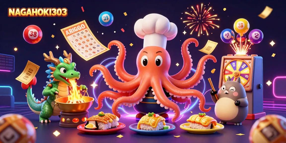 Gambarkan keseruan NAGAHOKI303 dengan makanan emas, bola lotere, dan karakter menawan dalam pesta lotere