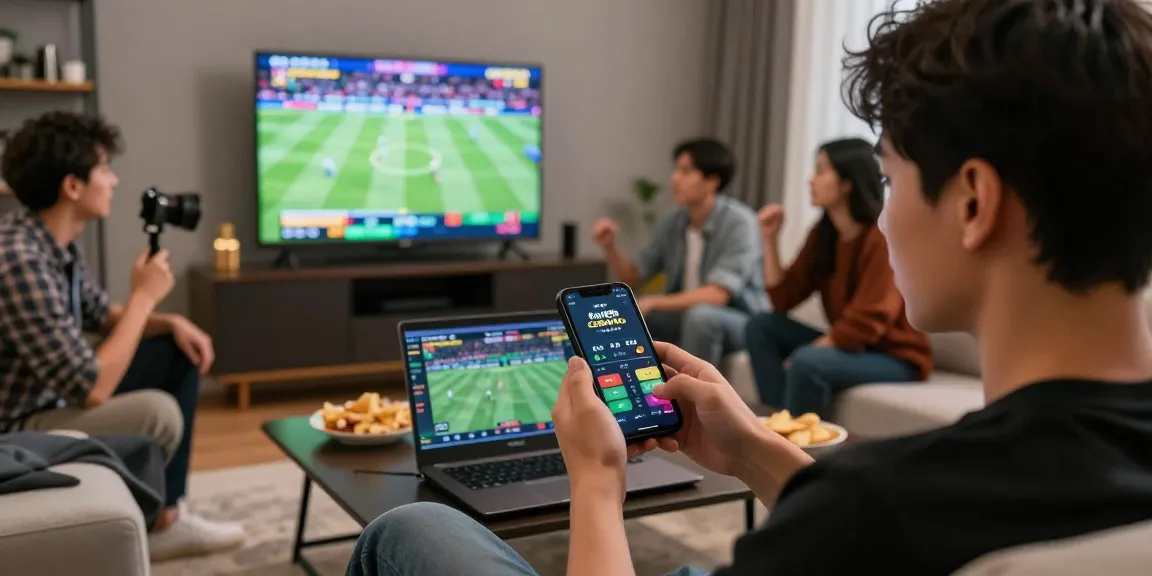 Engaged user placing bets on fun88casino app in a lively home setting during live sports.