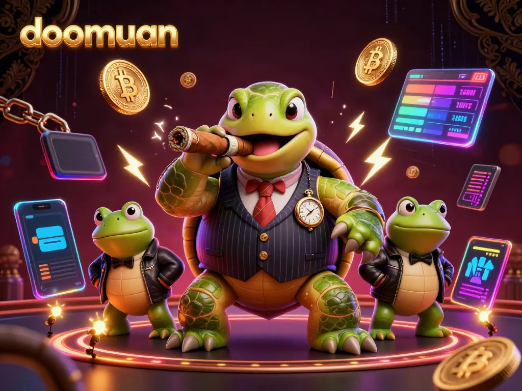 Dive into doomuan's vibrant casino scene, featuring a snapping turtle in a mobster suit amidst glowing crypto elements.