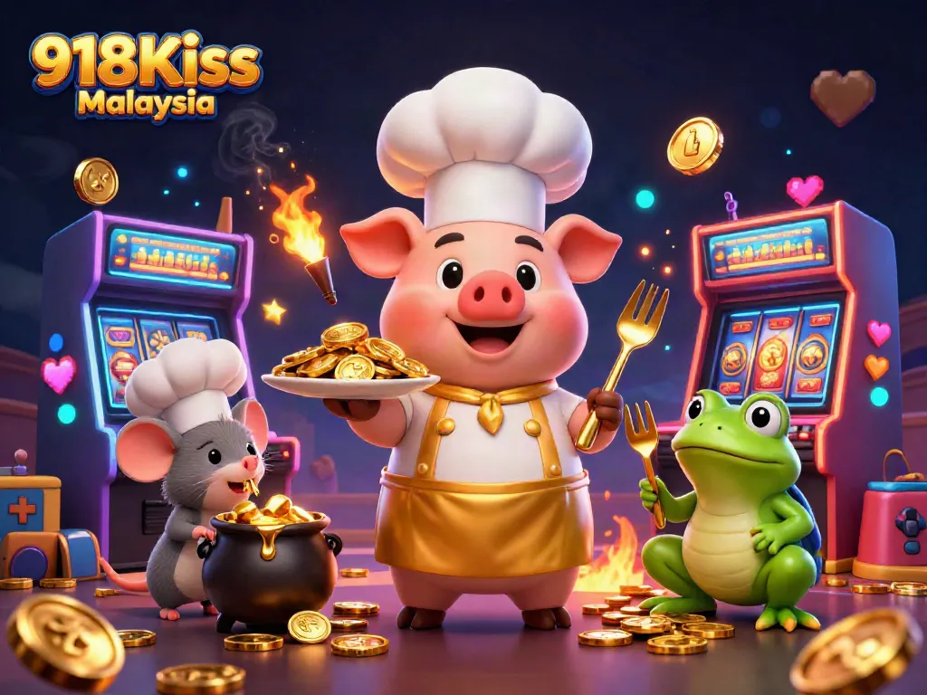 Experience 918Kiss Malaysia's vibrant slots through a gourmet-themed casino scene.
