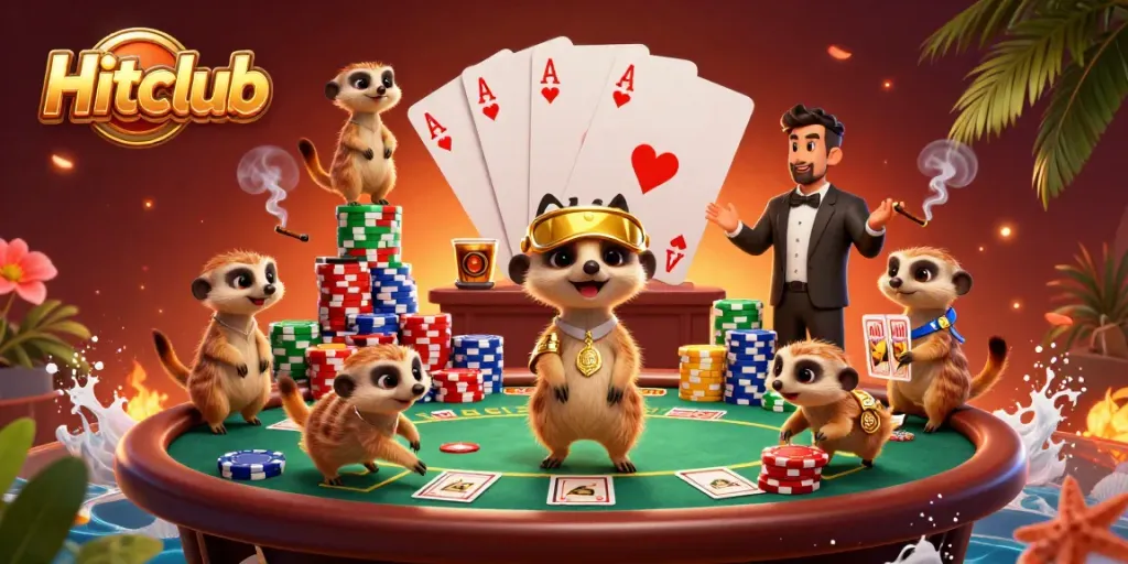 Hitclub meerkats orchestrate a vibrant casino scene, showcasing excitement and energy in gambling.