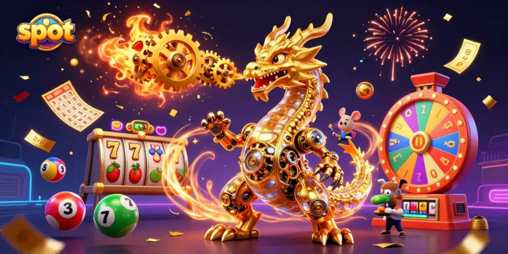 Memainkan slot dengan simbol beruntung dan jackpot dalam permainan kasino yang penuh warna.