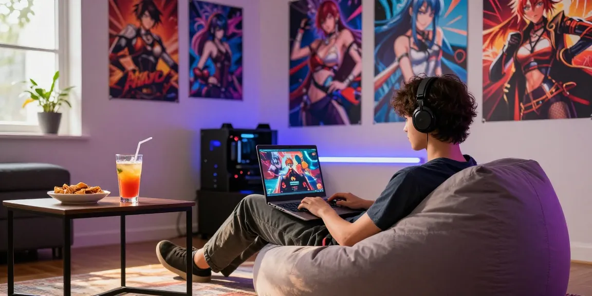 Person playing hentai games in a cozy gaming setup with colorful posters and ambient lighting