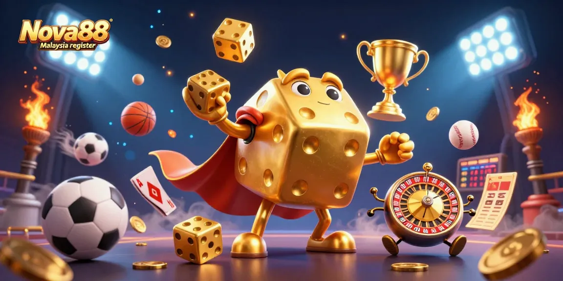 Bet big with Nova88 Malaysia register featuring a golden dice golem, sports elements, and gaming excitement.